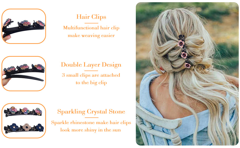 8PCS Sparkling Crystal Stone Braided Hair Clips Four-Leaf Clover Chopped Hairpin Duckbill Clip With 3 Small Clips On Top Hair Accessories Clips For Women Girls