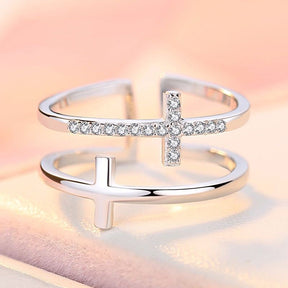 Double Cross Miniature Copper Inlaid Zircon Ring